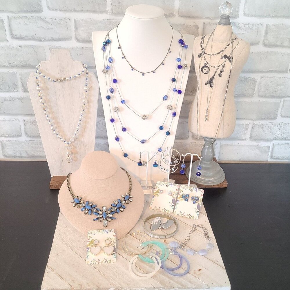 Lot Jewelry Blue Teal Silver Tone Vintage to New Baublebar Korea Necklaces etc